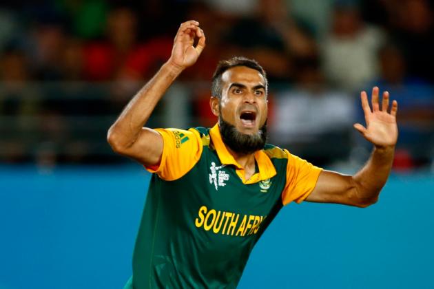 AUCKLAND, NEW ZEALAND - MARCH 24: Imran Tahir of South Africa reacts during the 2015 Cricket World Cup Semi Final match between New Zealand and South Africa at Eden Park on March 24, 2015 in Auckland, New Zealand. (Photo by Phil Walter/Getty Images)