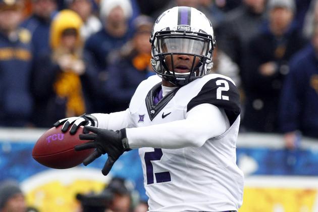 MORGANTOWN, WV - NOVEMBER 01:  Trevone Boykin #2 of the TCU Horned Frogs drops back to pass in the first quarter against the West Virginia Mountaineers during the game on November 1, 2014 at Mountaineer Field in Morgantown, West Virginia.  (Photo by Justin K. Aller/Getty Images)