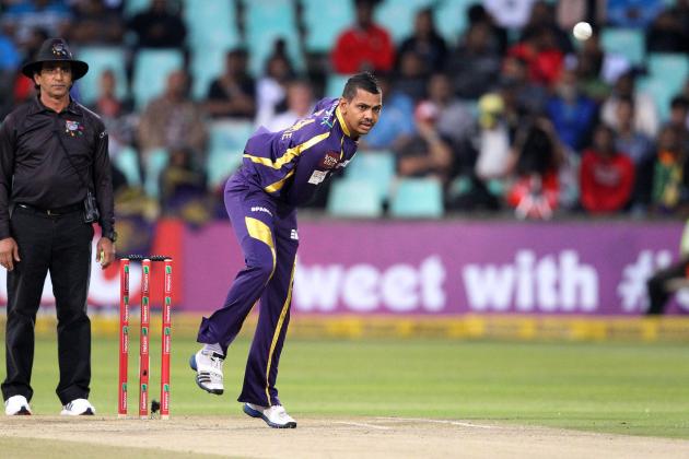 DURBAN, SOUTH AFRICA - OCTOBER 17:  Sunil Narine of the Kolkata Knight Riders bowls during the Karbonn Smart CLT20 match between Kolkata Knight Riders and Perth Scorchers at Sahara Stadium Kingsmead on October 17, 2012 in Durban, South Africa.  (Photo by Anesh Debiky/Gallo Images/Getty Images)