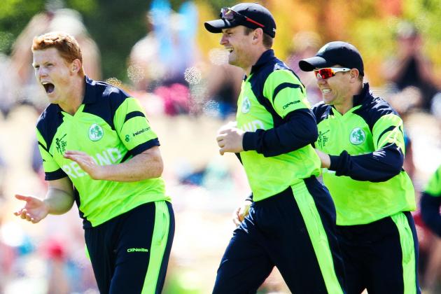 NELSON, NEW ZEALAND - FEBRUARY 16:  Kevin O'Brien, William Porterfield and Niall O'Brien of Ireland celebrate the wicket of Darren Bravo of the West Indies during the 2015 ICC Cricket World Cup match between the West Indies and Ireland at Saxton Field on February 16, 2015 in Nelson, New Zealand.  (Photo by Hagen Hopkins/Getty Images)