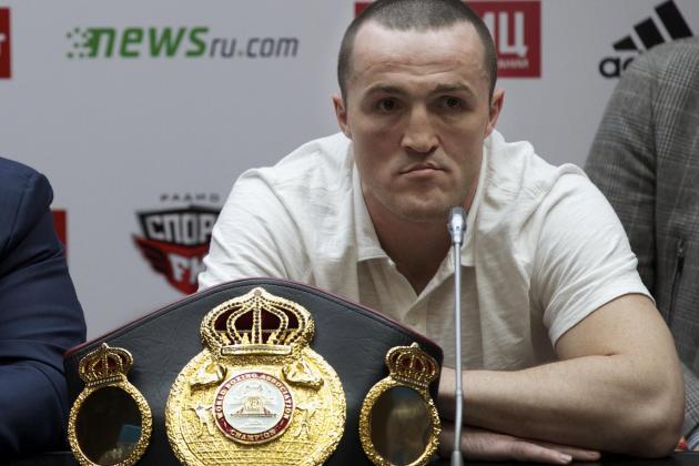 WBA cruiserweight regular champion Denis Lebedev, of Russia, listens during a news conference in Moscow, Russia, on Monday, April 21, 2014. In May 2013 Guillermo Jones, of Panama, stopped Lebedev on a technical knockout in 11th round. Then, the WBA handed the title back to Lebedev when Jones failed a drug test. Jones was made WBA champion-in-recess on the condition he must fight Lebedev again.  Rematch scheduled for April 25. (AP Photo/Ivan Sekretarev)