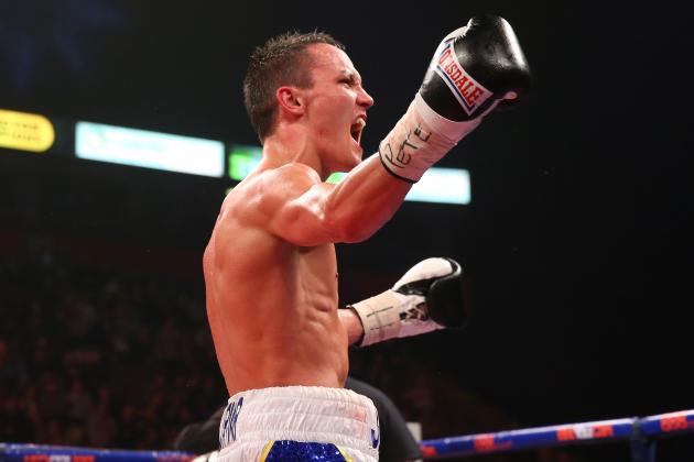 MANCHESTER, ENGLAND - APRIL 19:  Josh Warrington celebrates after stopping Rendall Munroe during the Commonwealth Featherweight Title fight between Josh Warrington and Rendall Munroe at MEN Arena on April 19, 2014 in Manchester, England.  (Photo by Alex Livesey/Getty Images)