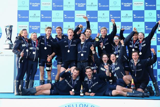 LONDON, ENGLAND - APRIL 11: Oxford Men and Women's teams pose after winning the BNY Mellon Oxford v Cambridge University Boat Race 2015 on April 11, 2015 in London, England. (Photo by Richard Heathcote/Getty Images)