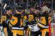 BUFFALO, NY - APRIL 11: The Pittsburgh Penguins celebrate their 2-0 victory over the Buffalo Sabres on April 11, 2015 at the First Niagara Center in Buffalo, New York. (Photo by Bill Wippert/NHLI via Getty Images)
