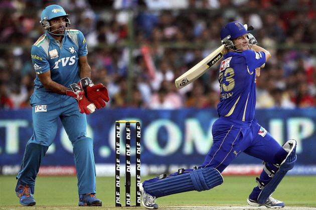 Rajasthan Royals' Shane Watson, right, plays a shot against Pune Warriors during their Indian Premier League (IPL) cricket match in Jaipur, India, Sunday, May 13, 2012. (AP Photo) INDIA OUT