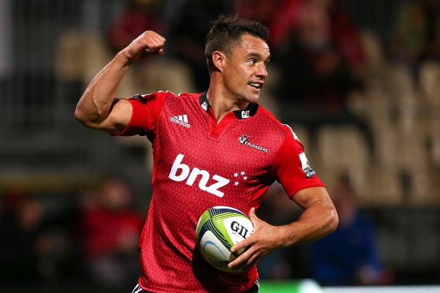 CHRISTCHURCH, NEW ZEALAND - MARCH 21: Dan Carter of the Crusaders celebrates scoring a try during the round six Super Rugby match between the Crusaders and the Cheetahs at AMI Stadium on March 21, 2015 in Christchurch, New Zealand.  (Photo by Martin Hunter/Getty Images)
