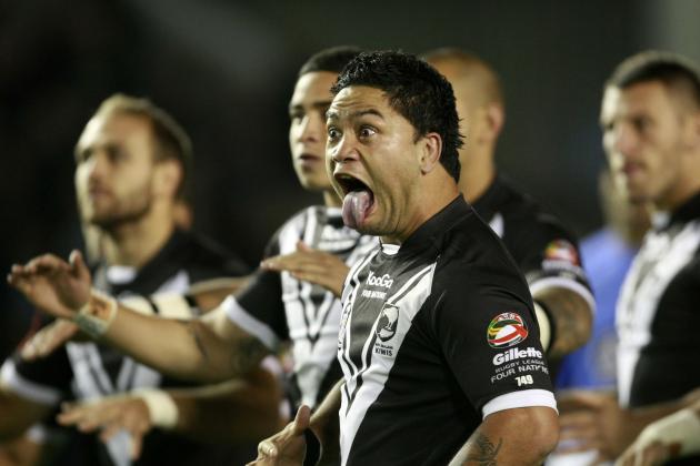 New Zealand's Isaac Luke, center, performs the haka with teammates before their four nations rugby league test match against Australia at the Halliwell Jones Stadium, Warrington, England, Friday Oct. 28, 2011. (AP Photo/Tim Hales)