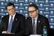 Jan 9, 2014; Buffalo, NY, USA; Buffalo Sabres president of hockey operations Pat LaFontaine (left) looks on as general manager Tim Murray speaks to the media during the press conference announcing his appointment as the new Sabres general manager at First Niagara Center. Mandatory Credit: Kevin Hoffman-USA TODAY Sports