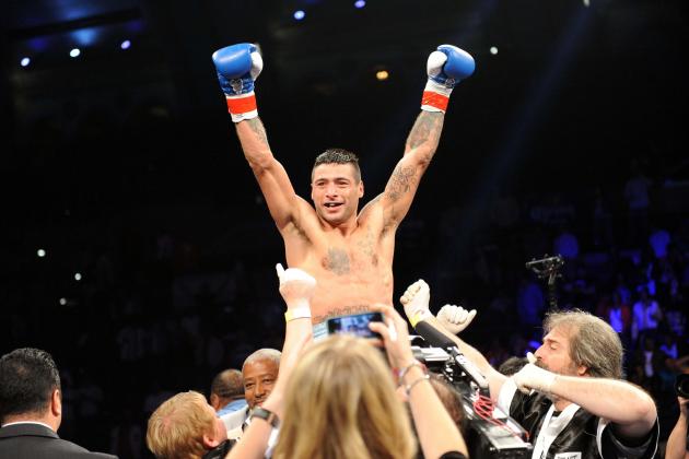May 18, 2013; Atlantic City, NJ, USA; Lucas Matthysse celebrates after his victory over Lamont Peterson (not pictured) in their welterweight bout at Boardwalk Hall. Matthysse won via third round TKO. Mandatory Credit: Joe Camporeale-USA TODAY Sports