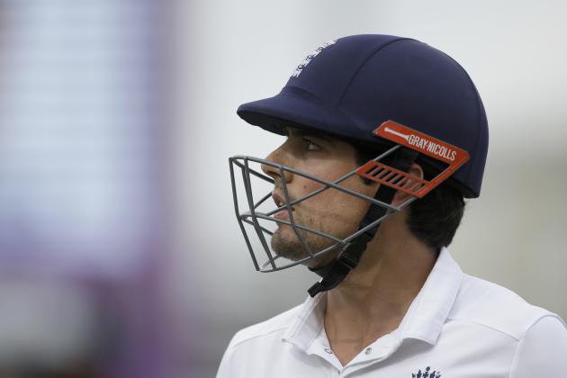 England captain Alastair Cook walks off the field of play after losing his wicket off the bowling of Ravindra Jadeja, scoring 95 runs during the first day of the third cricket test match of the series between England and India at The Ageas Bowl in Southampton, England, Sunday, July 27, 2014.  (AP Photo/Matt Dunham)