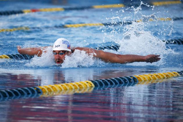 Apr 16, 2015; Mesa, AZ, USA; Michael Phelps wins the Men's 100 meter butterfly final in 52.92 seconds during the 2015 Arena Pro Swim Series at the Skyline Aquatic Center. Mandatory Credit: Rob Schumacher/Arizona Republic via USA TODAY Sports