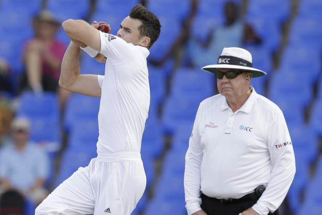 England's James Anderson bowls against West Indies on day four of the first cricket Test match at the Sir Vivian Richards Cricket Ground in Antigua, Antigua and Barbuda, Thursday, April 16, 2015.  (AP Photo/Ricardo Mazalan)