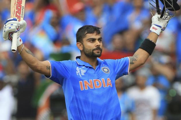 India’s Virat Kohli, celebrates his hundred runs during the World Cup Pool B match against Pakistan in Adelaide, Australia, Sunday, Feb. 15, 2015. (AP Photo/James Elsby)