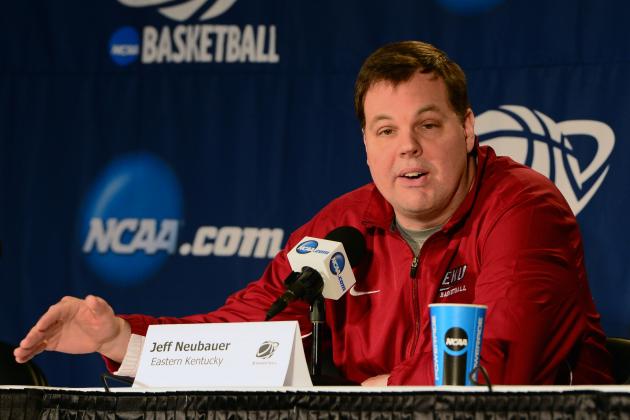 Mar 20, 2014; St. Louis, MO, USA; Eastern Kentucky Colonels head coach Jeff Neubauer addresses the media at a press conference during their practice session prior to the 2nd round of the 2014 NCAA Men's Basketball Championship at Scottrade Center. Mandatory Credit: Jasen Vinlove-USA TODAY Sports