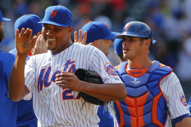 Apr 19, 2015; New York City, NY, USA; New York Mets relief pitcher Jeurys Familia (27) smiles after 7-6 win over the Miami Marlins at Citi Field. Mandatory Credit: Noah K. Murray-USA TODAY Sports