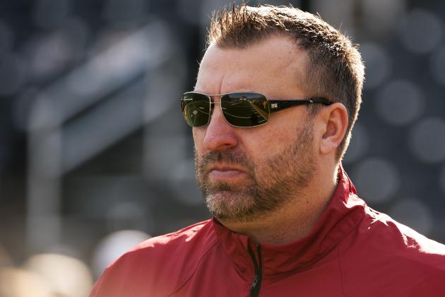 Arkansas head coach Bret Bielema watches his team warm up before the start of an NCAA college football game against Missouri Friday, Nov. 28, 2014, in Columbia, Mo. (AP Photo/L.G. Patterson)