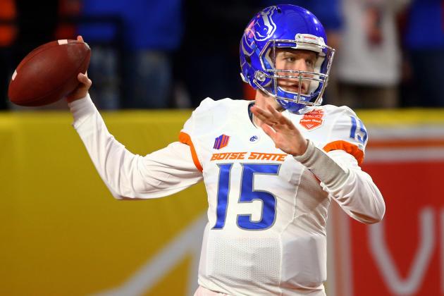 Dec 31, 2014; Glendale, AZ, USA; Boise State Broncos quarterback Ryan Finley (15) against the Arizona Wildcats in the 2014 Fiesta Bowl at Phoenix Stadium. Mandatory Credit: Mark J. Rebilas-USA TODAY Sports