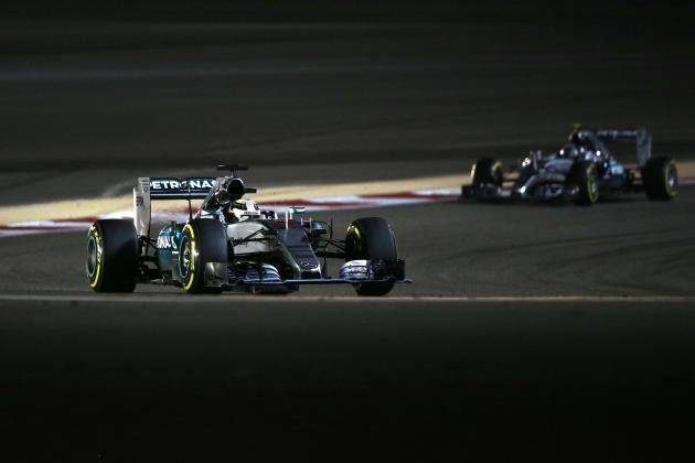 Mercedes driver Lewis Hamilton of Britain, left, leads his teammate Mercedes driver Nico Rosberg of Germany during the Bahrain Formula One Grand Prix at the Formula One Bahrain International Circuit in Sakhir, Bahrain, Sunday, April 19, 2015. (AP Photo/Hassan Ammar)