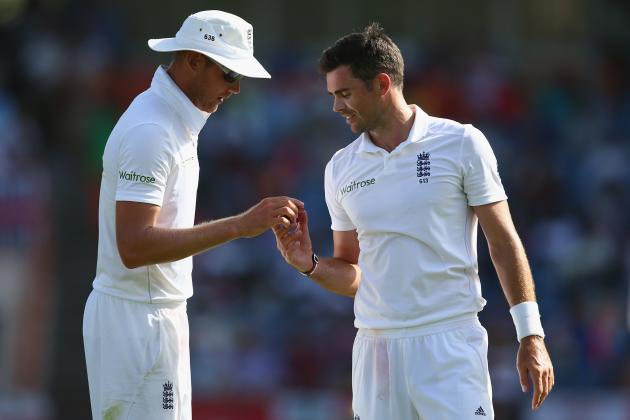 GRENADA, GRENADA - APRIL 24: James Anderson (R) and Stuart Broad of England during day four of the 2nd Test match between West Indies and England at the National Cricket Stadium in St George's on April 24, 2015 in Grenada, Grenada. (Photo by Michael Steele/Getty Images)