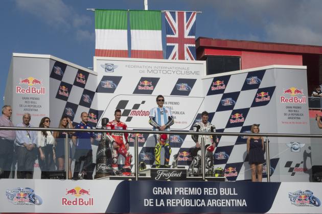 RIO HONDO, ARGENTINA - APRIL 19:  (L-R)  Andrea Dovizioso of Italy and Ducati Team, Valentino Rossi of Italy and Movistar Yamaha MotoGP and  Cal Crutchlow of Great Britain and CWM LCR Honda
 pose on the podium at the end of the MotoGP race during the MotoGp of Argentina - Race at  on April 19, 2015 in Rio Hondo, Argentina.  (Photo by Mirco Lazzari gp/Getty Images)