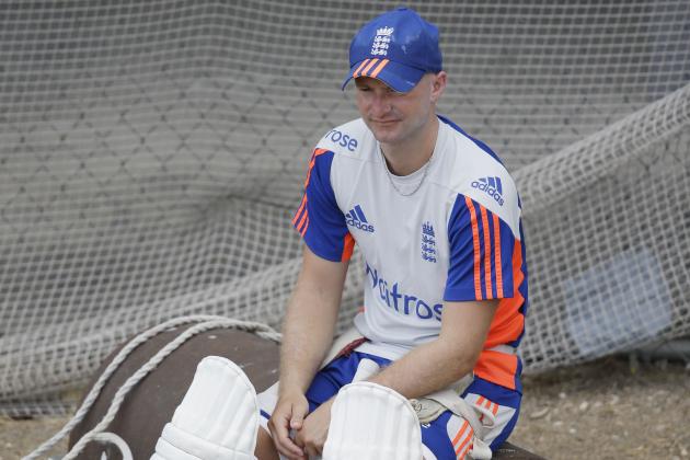 England's Adam Lyth rests during a net practice of the national cricket team at the Kensington Oval in Bridgetown, Barbados, Wednesday, April 29, 2015. England will play West Indies for the last of a three Test matches series in Barbados from May 1. (AP Photo/Ricardo Mazalan)