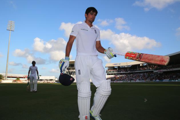 BRIDGETOWN, BARBADOS - MAY 01: Alastair Cook  of England walks off  after scoring 105 runs after being caught behind by Denesh Ramdin off the bowling of Marlon Samuels of West Indies during day one of the 3rd Test match between West Indies and England at Kensington Oval on May 1, 2015 in Bridgetown, Barbados.  (Photo by Michael Steele/Getty Images)