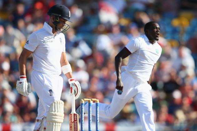 BRIDGETOWN, BARBADOS - MAY 02:  Jerome Taylor of West Indies celebrates taking the wicket of Jonathan Trott of England during day two of the 3rd Test match between West Indies and England at Kensington Oval on May 2, 2015 in Bridgetown, Barbados.  (Photo by Michael Steele/Getty Images)