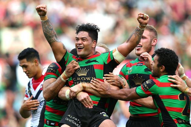 SYDNEY, AUSTRALIA - MARCH 15:  Issac Luke of the Rabbitohs celebrates his try during the round two NRL match between South Sydney Rabbitohs and the Sydney Roosters at ANZ Stadium on March 15, 2015 in Sydney, Australia.  (Photo by Renee McKay/Getty Images)