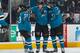 SAN JOSE, CA - FEBRUARY 2: Matt Nieto #83, Matt Tennyson #80 and Brenden Dillon #4 of the San Jose Sharks celebrate after Tennyson's goal against the Edmonton Oilers during an NHL game on February 2, 2015 at SAP Center in San Jose, California. (Photo by Don Smith/NHLI via Getty Images)