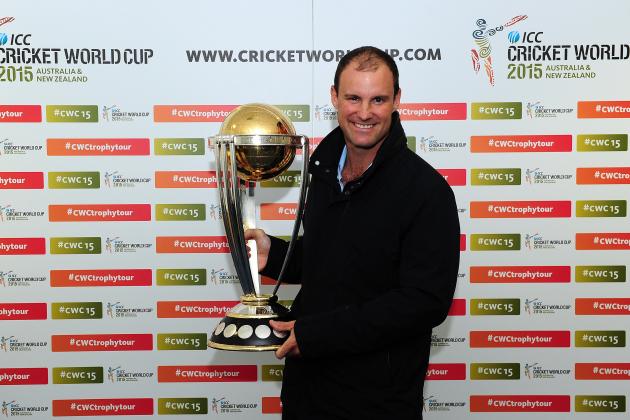 BIRMINGHAM, ENGLAND - AUGUST 23:  Former England Captain, Andrew Strauss of Sky Sports poses with the ICC Cricket World Cup Trophy during the NatWest T20 Blast Final at Edgbaston on August 23, 2014 in Birmingham, England.  (Photo by Dan Mullan/Getty Images)