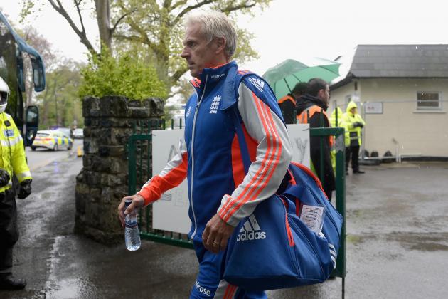 MALAHIDE, IRELAND - MAY 08: England coach Peter Moores leaves the ground after the Royal London One Day International between Ireland and England is abandoned at Malahide Cricket Club on May 8, 2015 in Malahide, Ireland. (Photo by Gareth Copley/Getty Images)