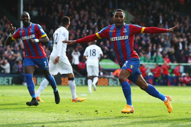 LONDON, ENGLAND - MAY 09:  Jason Puncheon of Crystal Palace celebrates his team's first goal with Yannick Bolasie during the Barclays Premier League match between Crystal Palace and Manchester United at Selhurst Park on May 9, 2015 in London, England.  (Photo by Clive Rose/Getty Images)