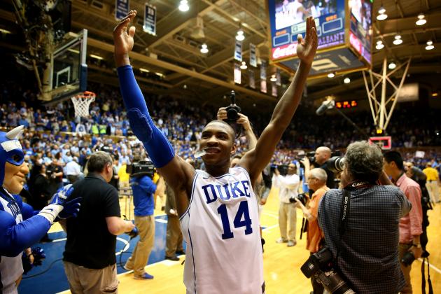 DURHAM, NC - MARCH 08:  Rasheed Sulaimon #14 of the Duke Blue Devils celebrates after defeating the North Carolina Tar Heels 93-81 at Cameron Indoor Stadium on March 8, 2014 in Durham, North Carolina.  (Photo by Streeter Lecka/Getty Images)