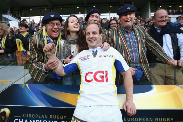 SAINT-ETIENNE, FRANCE - APRIL 18:  Nick Abendanon, the Clermont Auvergne full back celebrates with his father Evert(L) and family and friends after their victory during the European Rugby Champions Cup semi final match between ASM Clermont Auvergne and Saracens at Stade Geoffroy-Guichard on April 18, 2015 in Saint-Etienne, France.  (Photo by David Rogers/Getty Images)