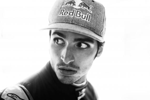 MONTMELO, SPAIN - MAY 09: (EDITORS NOTE: Image has been converted to black and white) Carlos Sainz of Spain and Scuderia Toro Rosso looks on in the garage during final practice for the Spanish Formula One Grand Prix at Circuit de Catalunya on May 9, 2015 in Montmelo, Spain. (Photo by Adam Pretty/Getty Images)