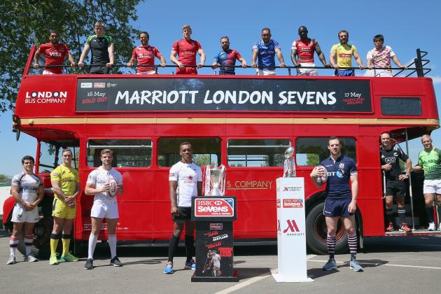 BARNES, ENGLAND - MAY 13:  The 16 international captains during the Marriott London Sevens Launch on May 13, 2015 in Barnes, England. The tournament will take place at Twickenham stadium on 16 and17 May. The captains, in no particular order, are Gaston Revol (Argentina), Ed Jenkins (Australia), Fernando Portugal (Brazil), John Moonlight (Canada), Tom Mitchell (England), Osea Kolinisau (Fiji), Terry Bouhraoua (France), Katsuyuki Sakai (Japan), Andrew Amonde (Kenya), D J Forbes (New Zealand), Pedro Leal (Portugal), Lolo Lui (Samoa), Scott Riddell (Scotland), Kyle Brown (South Africa),  Madison Hughes (the United States) and Jevon Groves (Wales).  (Photo by Andrew Redington/Getty Images for RFU)