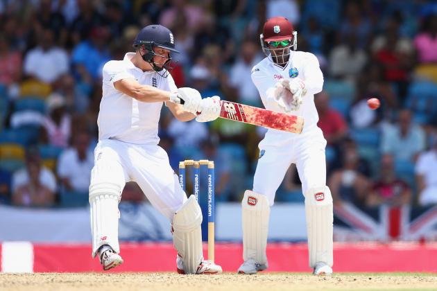 BRIDGETOWN, BARBADOS - MAY 01: Gary Ballance of England cuts a delivery off the bowling of Marlon Samuels of West Indies as wicketkeeper Denesh Ramdin looks on during day one of the 3rd Test match between West Indies and England at Kensington Oval on May 1, 2015 in Bridgetown, Barbados. (Photo by Michael Steele/Getty Images)