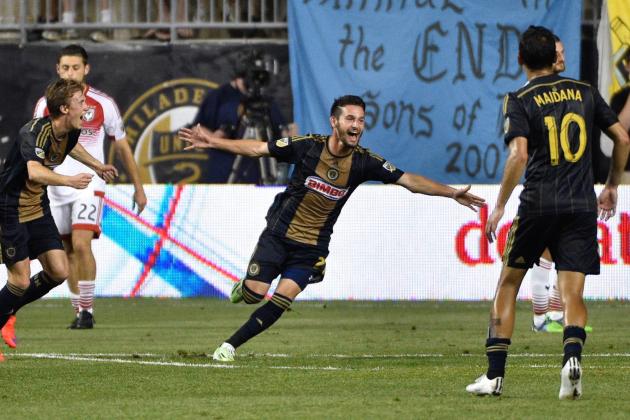 May 17, 2015; Philadelphia, PA, USA; Philadelphia Union midfielder Zach Pfeffer (27) reacts after his goal in stoppage-time against the D.C. United at PPL Park. The Union defeated D.C. United 1-0.  Mandatory Credit: Derik Hamilton-USA TODAY Sports