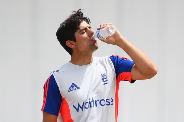 GRENADA, GRENADA - APRIL 19: Alastair Cook the captain of England takes on water during the England nets session at the National Cricket Ground Stadium in St George on April 19, 2015 in Grenada, Grenada. (Photo by Michael Steele/Getty Images)