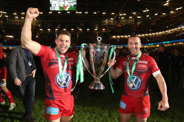 CARDIFF, WALES - MAY 24:  Drew Mitchell (L) and Matt Giteau of Toulon celebrate after their victory during the Heineken Cup Final between Toulon and Saracens at the Millennium Stadium on May 24, 2014 in Cardiff, United Kingdom.  (Photo by David Rogers/Getty Images)