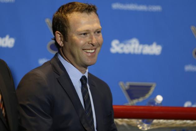 St. Louis Blues' Martin Brodeur takes part in a news conference to announce his retirement from the NHL Thursday, Jan. 29, 2015, in St. Louis. Brodeur finished his career with St. Louis after 21 seasons as goaltender with New Jersey. He will remain with the Blues as a senior adviser to general manager Doug Armstrong. (AP Photo/Jeff Roberson)