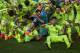 Barcelona's players celebrate their championship after a Spanish La Liga soccer match between Atletico Madrid and FC Barcelona at the Vicente Calderon stadium in Madrid, Spain, Sunday, May 17, 2015. (AP Photo/Andres Kudacki)