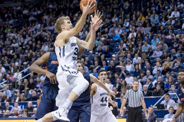 Jan 8, 2015; Provo, UT, USA; Brigham Young Cougars guard Tyler Haws (3) goes to the basket during the second half against the Pepperdine Waves at Marriott Center. Pepperdine Waves won the game 67-61. Mandatory Credit: Chris Nicoll-USA TODAY Sports
