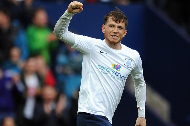 PRESTON, ENGLAND - MAY 10: Joe Garner of Preston North End celebrates scoring their first goal during the Sky Bet League One Play Off Semi Final first leg match between Preston North End and Rotherham United at Deepdale on May 10, 2014 in Preston, England. (Photo by Chris Brunskill/Getty Images)