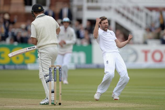 LONDON, ENGLAND - MAY 23:  Mark Wood of England celebrates dismissing Corey Anderson of New Zealand during day three of 1st Investec Test match between England and New Zealand at Lord's Cricket Ground on May 23, 2015 in London, England.  (Photo by Gareth Copley/Getty Images)