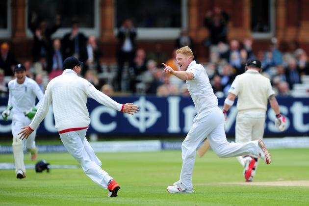 LONDON, ENGLAND - MAY 25:  Ben Stokes of England celebrates with his team mates after bowling Brendon McCullum of New Zealand during day five of the 1st Investec Test Match between England and New Zealand at Lord's Cricket Ground on May 25, 2015 in London, England.  (Photo by Dan Mullan/Getty Images)