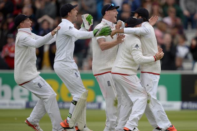 LONDON, ENGLAND - MAY 25:  Moeen Ali of England is modded by teammates after catching out Trent Boult of New Zealand to win the 1st Investec Test match between England and New Zealand at Lord's Cricket Ground on May 25, 2015 in London, England.  (Photo by Gareth Copley/Getty Images)
