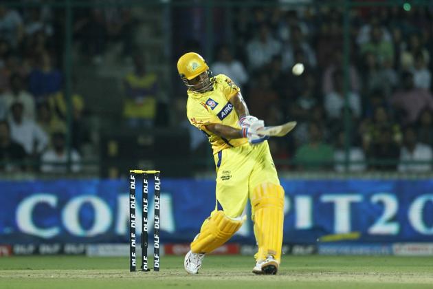 Mahendra Singh Dhoni of Chennai Super Kings, miscues a shot to get out while playing against Delhi Daredevils during their Indian Premier League (IPL) cricket match in New Delhi, India, Tuesday, April 10, 2012.  (AP Photo/ Saurabh Das)