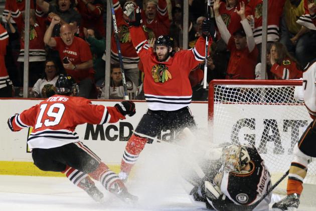 Chicago Blackhawks left wing Brandon Saad celebrates his goal against Anaheim Ducks goalie Frederik Andersen with Jonathan Toews (19) during the second period in Game 6 of the Western Conference finals of the NHL hockey Stanley Cup Playoffs, Wednesday, May 27, 2015, in Chicago. (AP Photo/Nam Y. Huh)
