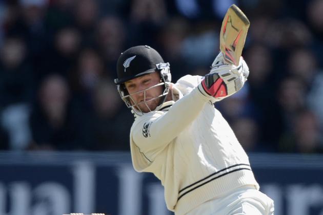 LEEDS, ENGLAND - MAY 29: Brendon McCullum of New Zealand hits his first ball for six runs during day one of 2nd Investec Test match between England and New Zealand at Headingley on May 29, 2014 in Leeds, England. (Photo by Gareth Copley/Getty Images)